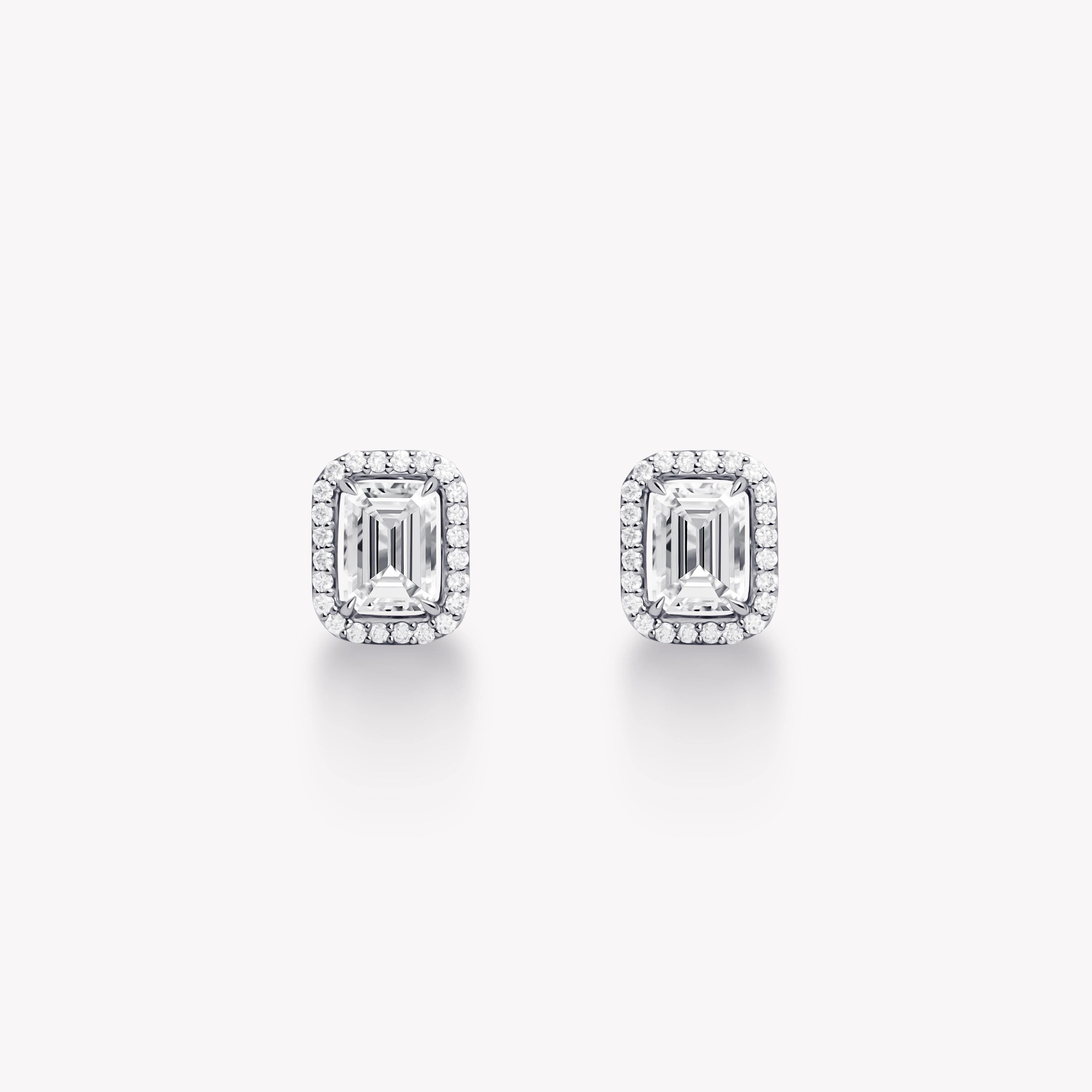 EMERALD-CUT DIAMOND HALO STUD EARRINGS