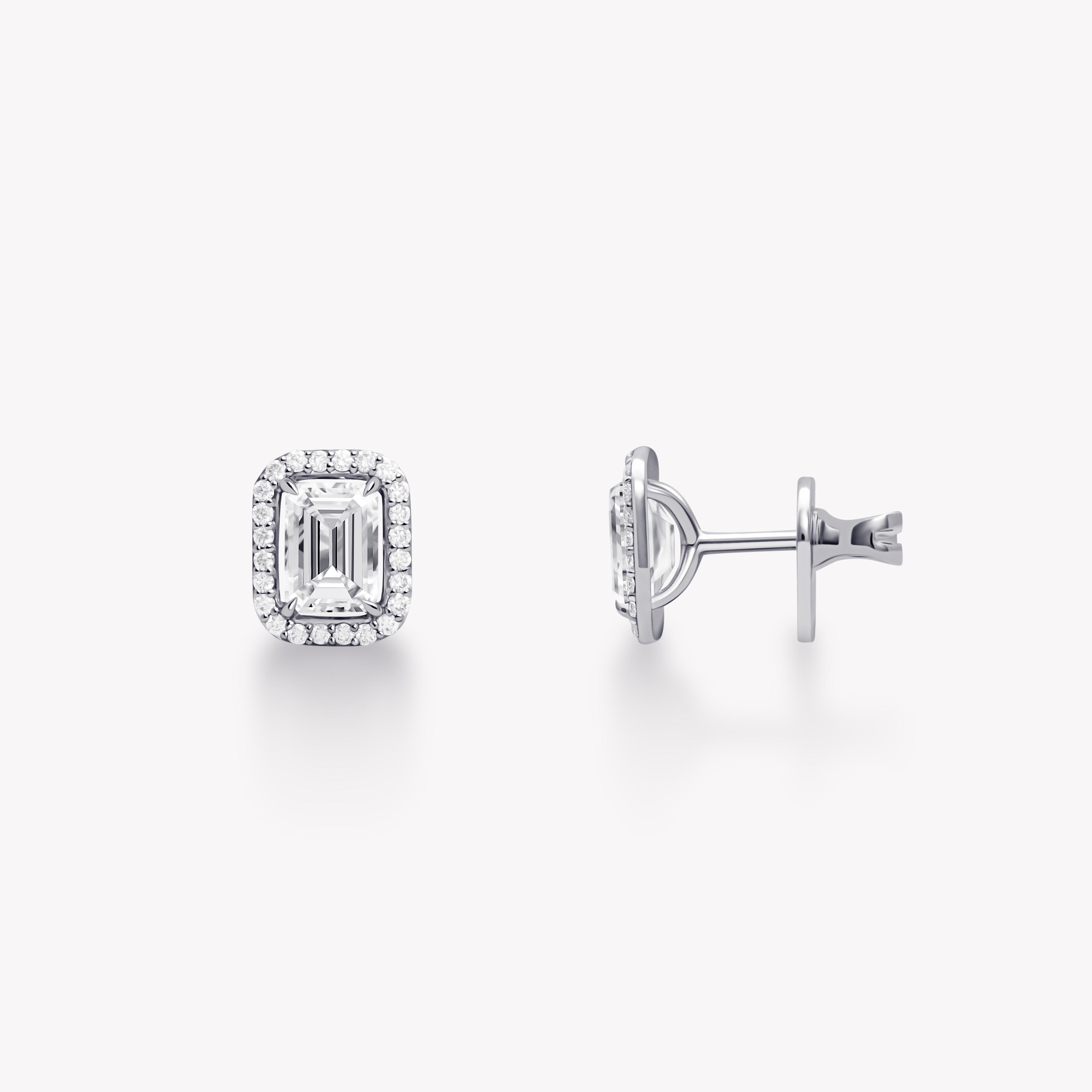 EMERALD-CUT DIAMOND HALO STUD EARRINGS
