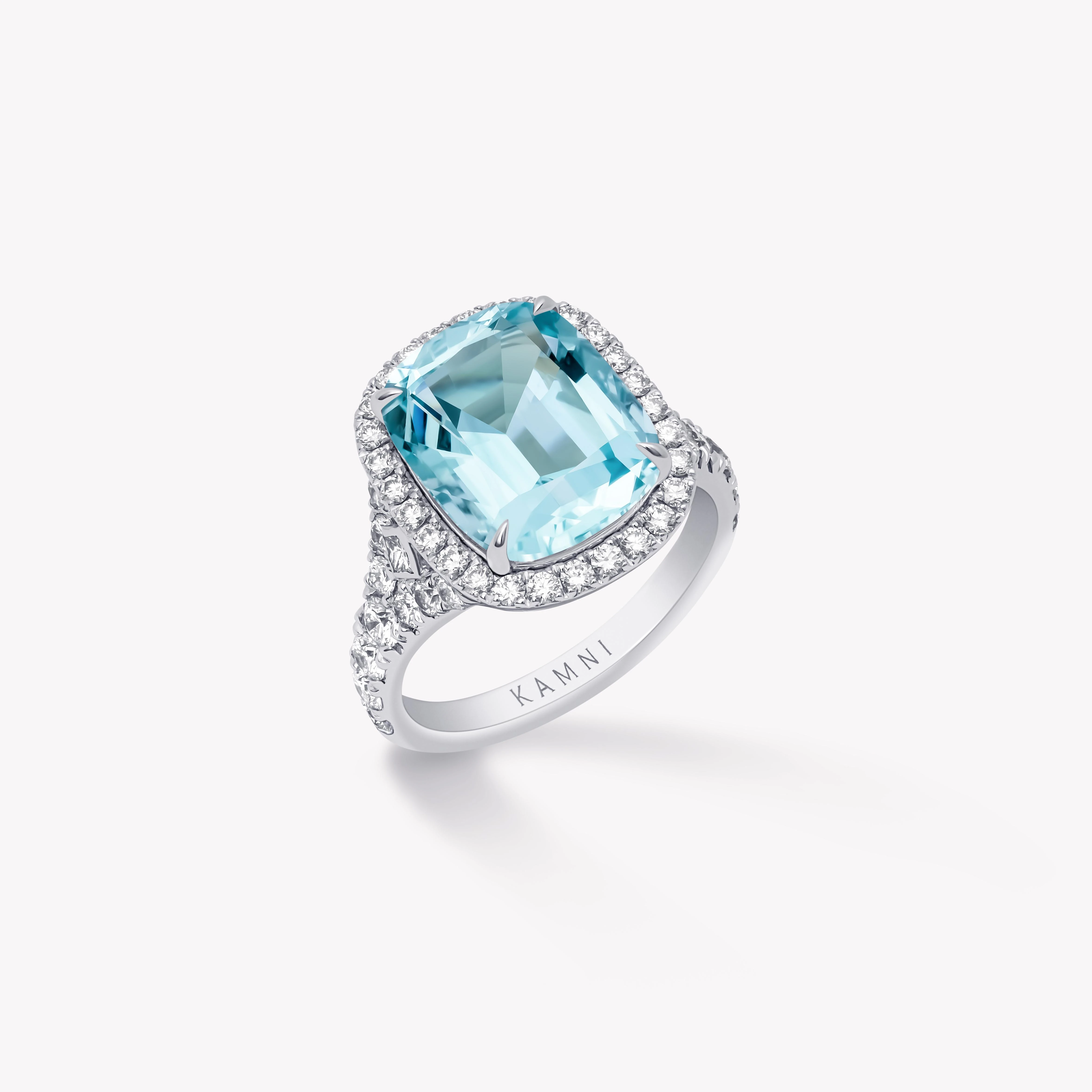 CUSHION CUT AQUAMARINE AND DIAMOND RING